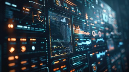 Futuristic digital dashboard with data charts, graphs, and analytics displaying various information for technology and business purposes.