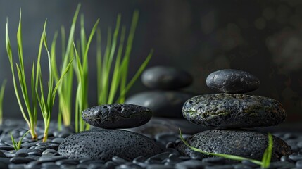 Tranquil still life setup with dark basalt stones arranged harmoniously alongside green bamboo sprouts AI generated