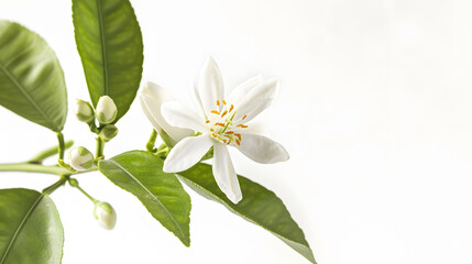 Orange tree blossom single white flower isolated on white Neroli citrus bloom : Generative AI