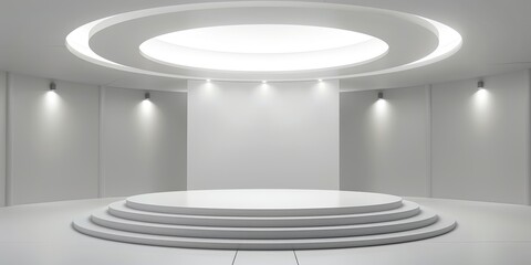 Fototapeta premium Sleek and modern presentation environment showcasing a minimalist circular stage with ambient lighting and white wall background