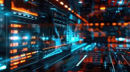 Vibrant digital data interface with glowing graphs and technology elements, illustrating modern information technology and data analysis.