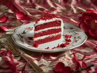 Delicious Red Velvet Cake on Decorated Plate for Food Promotion Generative AI