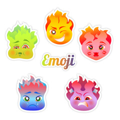 smiley, emotions, character, sticker, fire, laughter, joy, smile, tears, sadness, melancholy, bored, anger, illness, nausea, green, red, orange, pink, purple, blue, color gradation, eyes, heart, love 