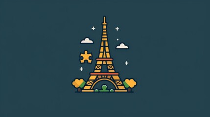 A cartoon drawing of the Eiffel Tower with trees and clouds in the background