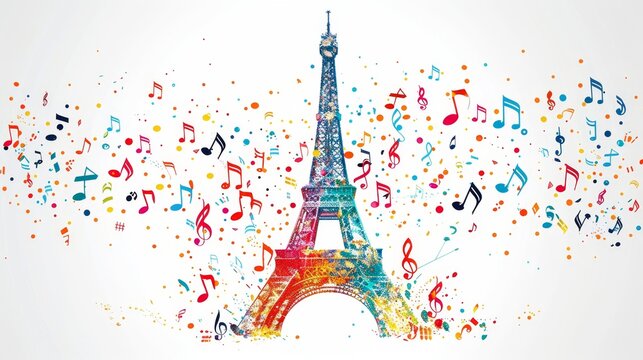 A black and white drawing of the Eiffel Tower with musical notes