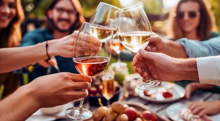 A group of friends toasting with wine glasses at an outdoor dining table, celebrating the joy and connection during social gatherings