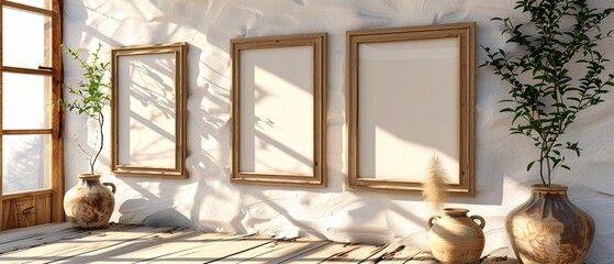 Mockup of blank wooden frames displayed on the wall.