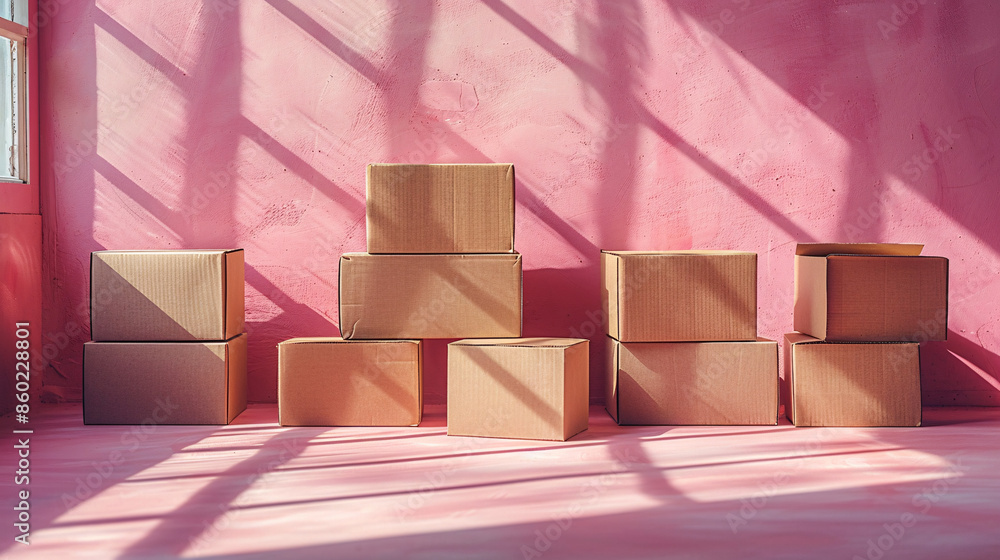 Poster ten brown cardboard boxes are arranged in a sunlit room with pink walls. shadows from the window cre