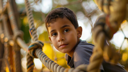 Boy enjoying activity in climbing adventure in the park 