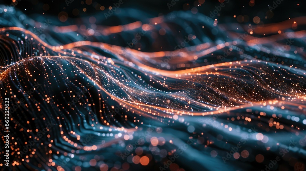 Poster the image shows vibrant particles forming dynamic waves, representing digital connections in a visua