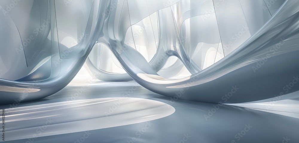 Poster a captivating 3d rendered scene of gradient transparent curved glass, featuring smooth, flowing form
