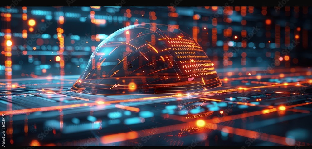 Poster a captivating 3d rendered scene of a safety shield with a high-tech background, showcasing glowing d