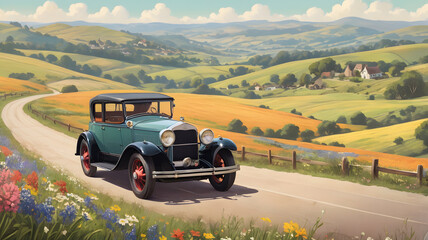 Fototapeta premium A beautifully restored cartoon style vintage car driving through a picturesque countryside, surrounded by rolling hills and wildflowers