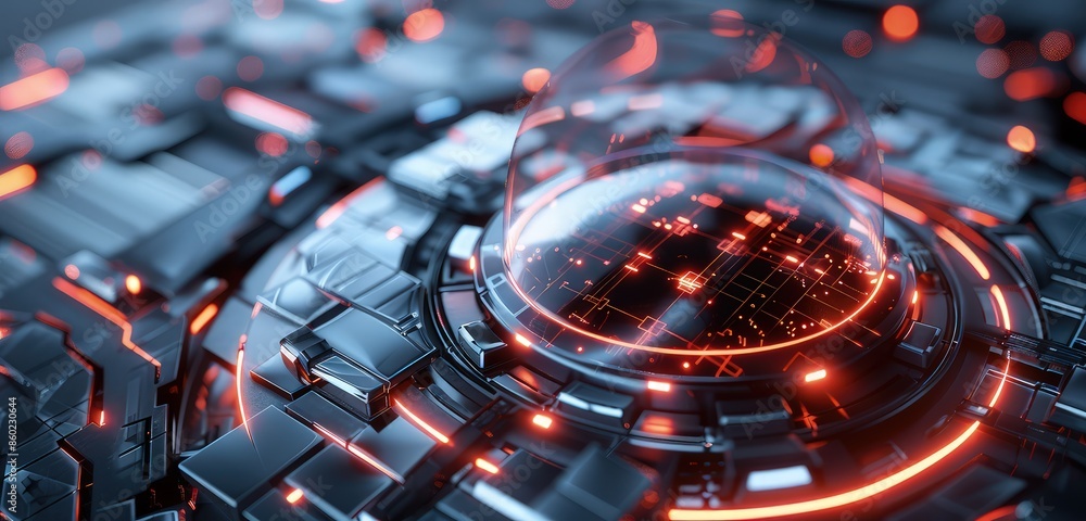 Poster a captivating 3d rendered scene of a safety shield with a high-tech background, showcasing glowing d