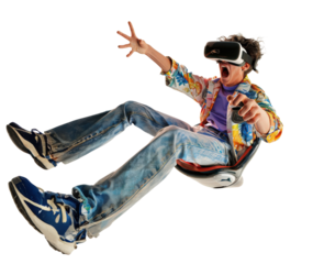 PNG of In a white background, a young male gamer, aged 20, dressed fashionably, wearing trendy clothes and sports glasses He raises the steering wheel forward with one hand, tilts his body backwards, 