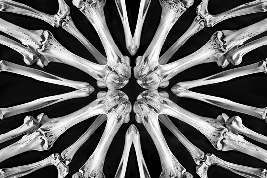 Kaleidoscopic bones pattern, black and white, symmetry design, spooky scary Halloween horror background