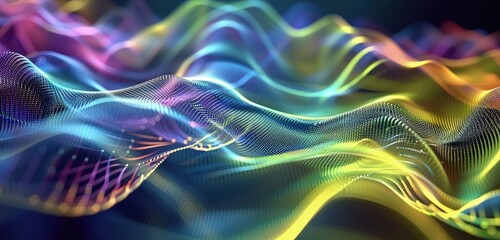 A beautiful 3D rendered image of abstract wave particles, featuring smooth, flowing lines and vibrant colors, with particles creating a dynamic wave pattern.