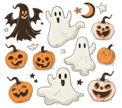A set of cute cartoon halloween ghosts and pumpkins, clip art style, white background,