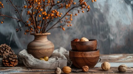 Wooden Bowls with Nuts and Autumn Decor