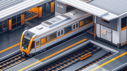 A train is pulling into a station with a yellow and white train