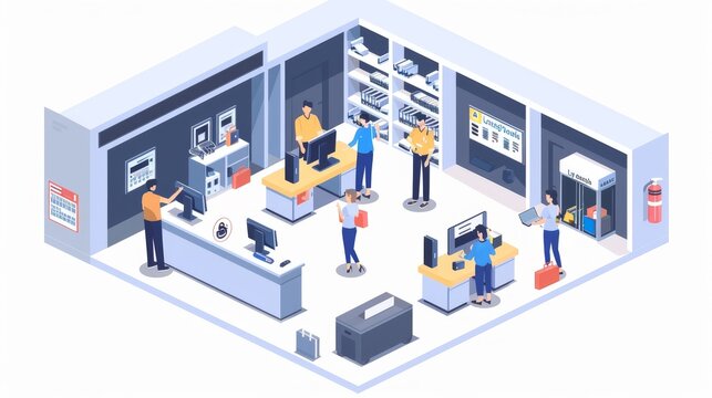 A store with people shopping and a fire extinguisher on the wall