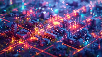 A cityscape with neon lights and buildings