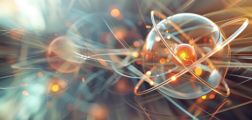 A captivating 3D rendering of an atom, with smooth curves and vibrant colors representing electron orbits and a dynamic, abstract background.