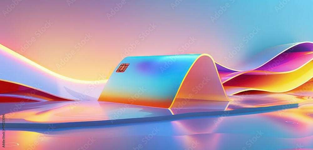 Poster a captivating 3d rendering of a bank card in a fun 3d cartoon style, featuring smooth curves and vib