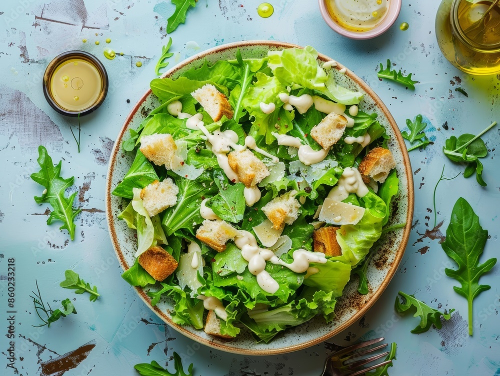 Poster fresh caesar salad on a blue table setting generative ai