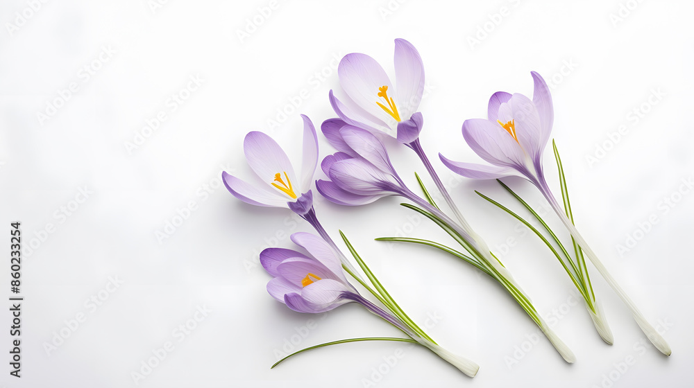 Poster Crocus spring flowers Lilac crocuses on stem with leaves creative layout isolated on white background Springtime themes Top view flat lay Design element : Generative AI