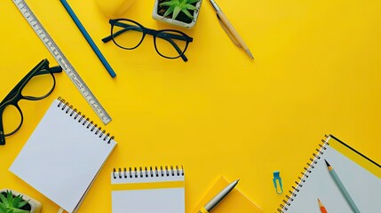 Vibrant workspace with office supplies on yellow background.