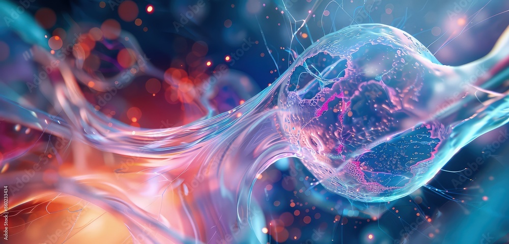 Poster a captivating 3d rendering of a cell membrane, with smooth curves and vibrant colors interacting wit