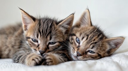 Fototapeta premium Horizontal AI illustration two sleepy kittens resting together on a white blanket. Animals concept.