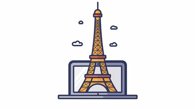 A cartoon drawing of the Eiffel Tower on a laptop screen