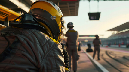 Obraz premium A pit crew member in a helmet checking tire pressure temperature during a motorsport event