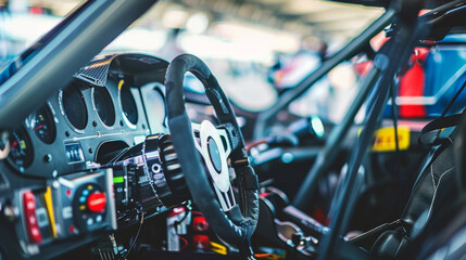 a close-up of a steering wheel and dashboard of a racing car