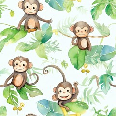 Fototapeta premium Chibi Giggling Monkeys and Banana Trees
