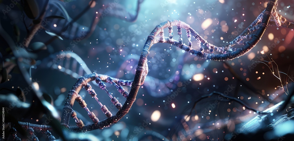 Poster a captivating 3d rendering of a dna molecule, emphasizing the nucleotide bonds and spiral form, set 