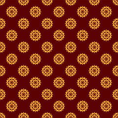 Seamless modern thai art pattern. Ggolden circle flowers. Red background. Vector illustration.
