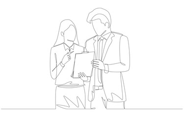 Continuous one line drawing of businessman and businesswoman discussing project, work conversation, collaboration concept, single line art.