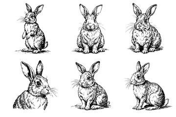 Obraz premium Set of sketches of black and white rabbits from different angles.