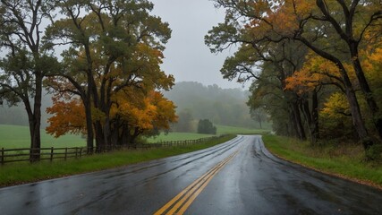 Fototapeta premium Winding road stretches through serene countryside, flanked by tall trees with autumn foliage. Wet pavement reflects overcast sky, creating tranquil, slightly melancholic atmosphere.