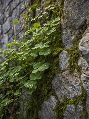 Close-up view of stone wall with green plants, moss growing between cracks. Dew drops visible on leaves, indicating recent rain, morning dew. Stones irregularly shaped, have rough texture.