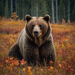 Obraz premium Large brown bear sits in field of vibrant autumn foliage, surrounded by tall trees in background. Bear's thick fur appears well-groomed, its eyes focused forward, giving impression of calmness.