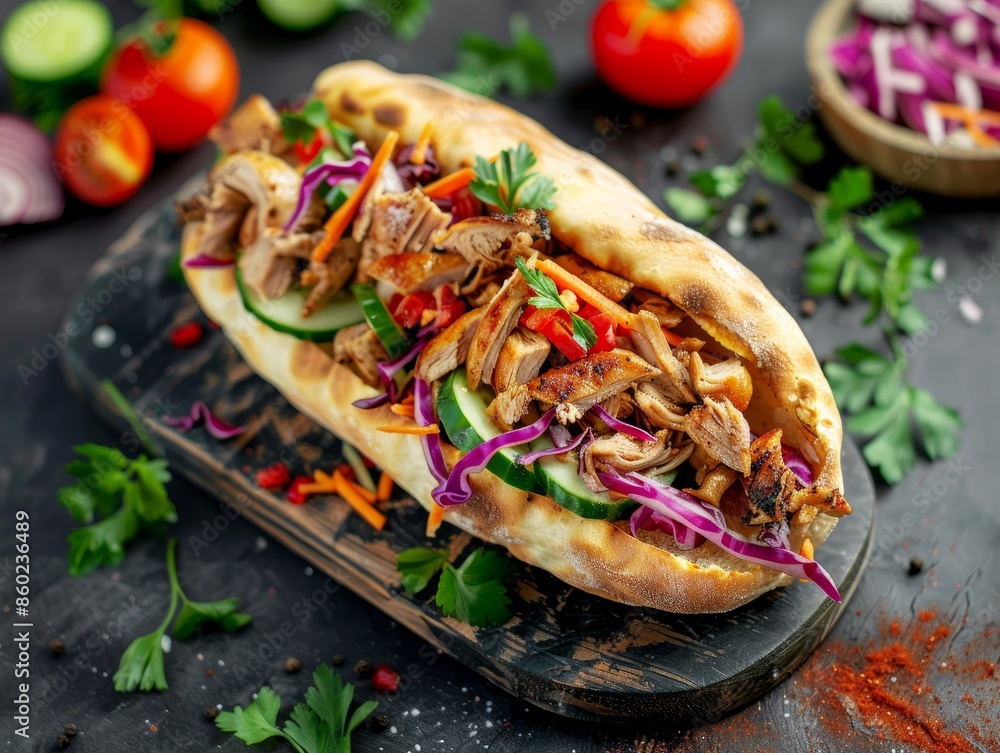 Poster fresh doner kebab with vegetables on dark background generative ai
