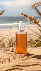 Fototapeta premium Cosmetics product mockup on sandy beach, wide banner.
