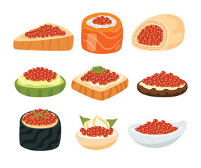 Set of red caviar dessert cartoon collection with bread, cake, cream, avocado, sushi and bowl, Red salmon caviar, healthy luxury delicacy, Seafood restaurant menu, Sea delicacy vector illustration.