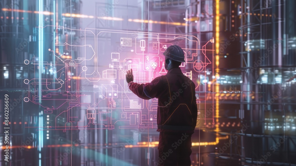 Poster a futuristic digital artwork showcasing a construction engineer utilizing a holographic interface to