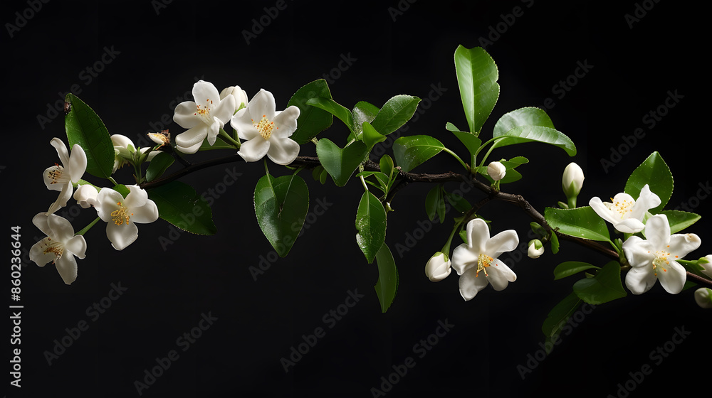 Poster jasmine branch with blooming white flowers isolated on a black background : generative ai