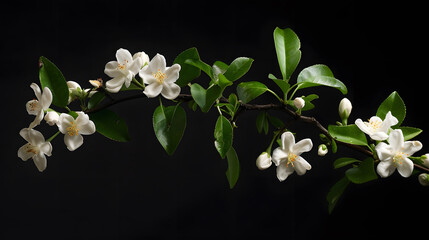 Jasmine branch with blooming white flowers isolated on a black background : Generative AI